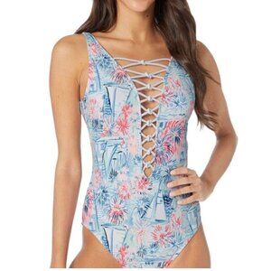 Lilly Pulitzer Isle Lattice One-Piece Crew Blue Tint Sea to Shining Sea Size 0